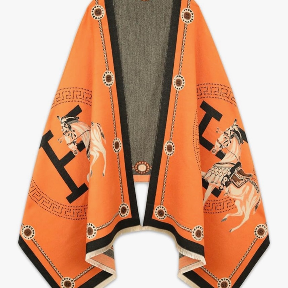 Classic Orange Equestrian Print Pashmina Shawl Scarf- New with Tags